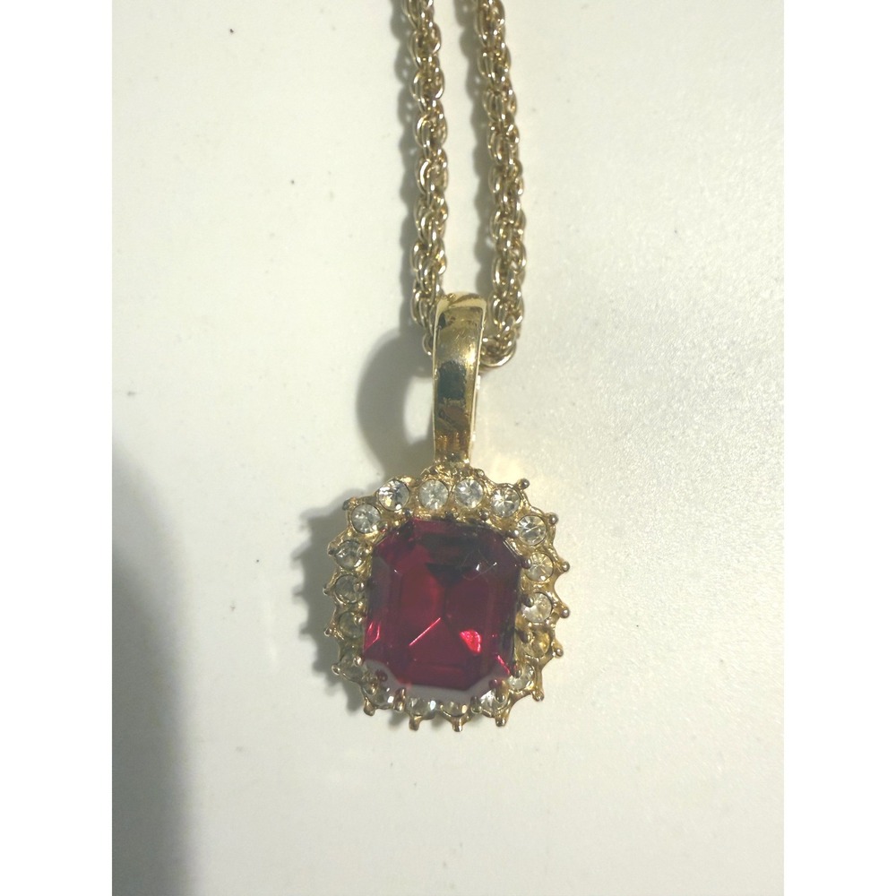 Roman Vintage Gold Tone Red Faux Ruby Rhinestone Halo Pendant Rope Necklace